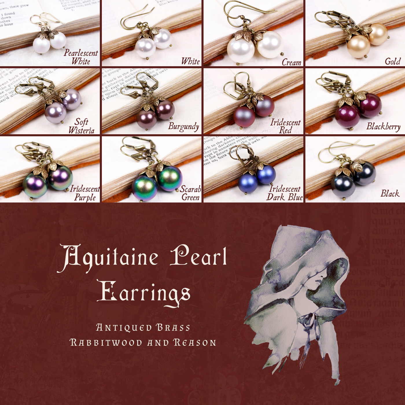 Group Pic: Aquitaine Pearl Earrings in Antiqued Brass by Rabbitwood and Reason