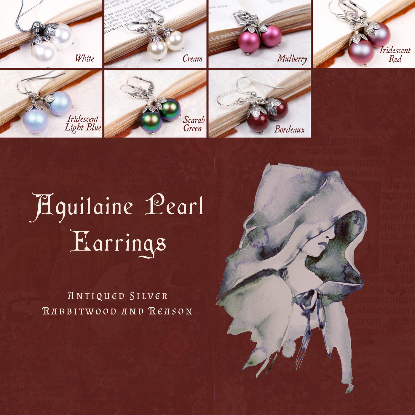 Group Pic: Aquitaine Pearl Earrings in Antiqued Silver by Rabbitwood and Reason