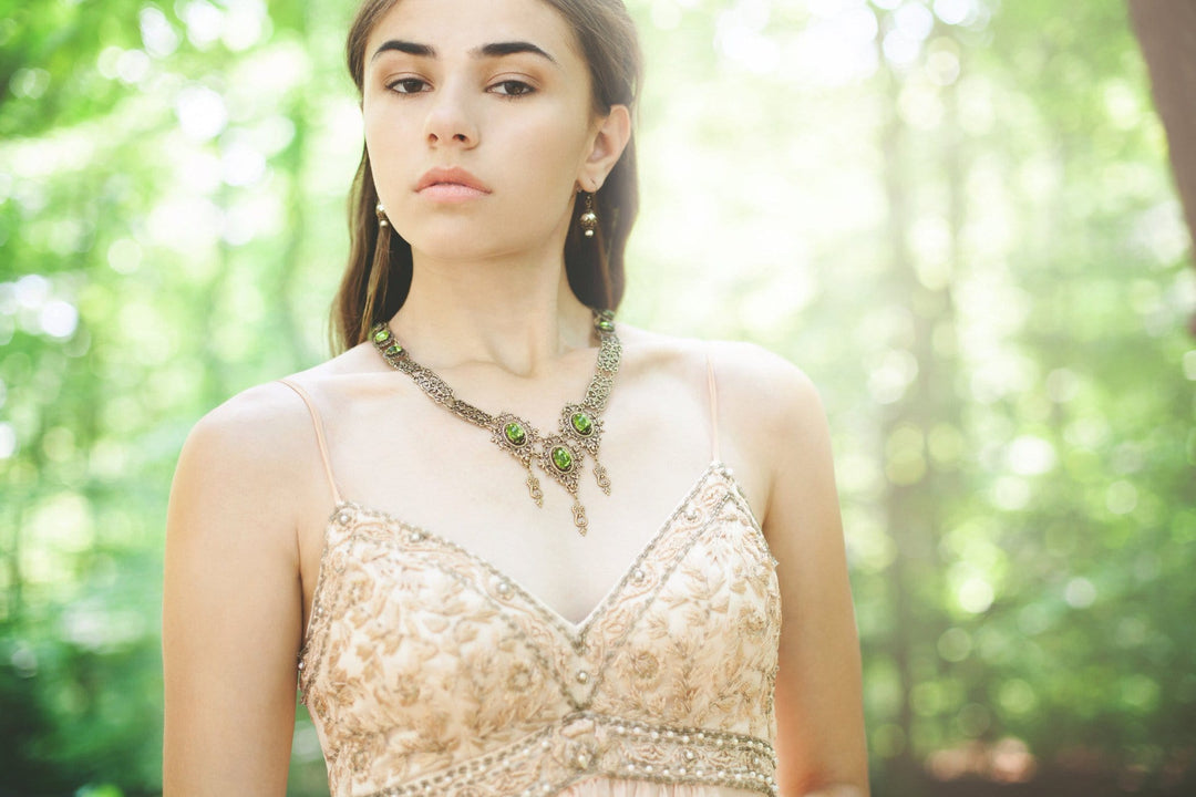 Chateau Necklace in Olivine and Antiqued Brass by Rabbitwood and Reason. Photo by La Candella Weddings