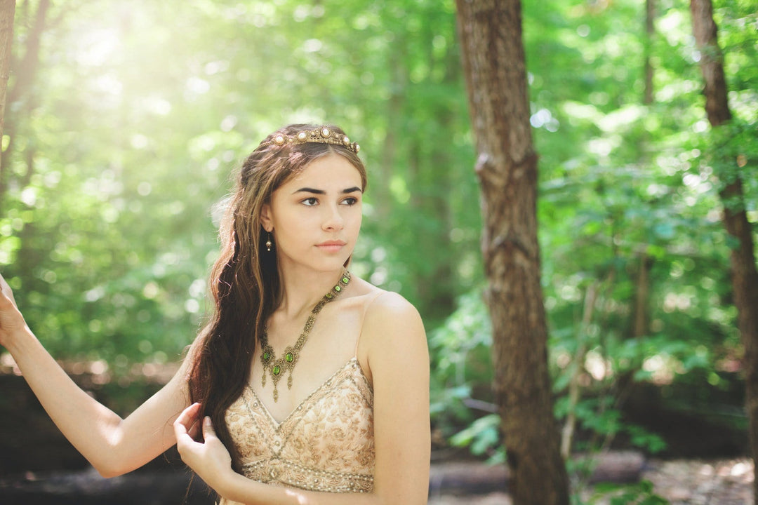 Chateau Necklace in Olivine and Antiqued Brass by Rabbitwood and Reason. Photo by La Candella Weddings